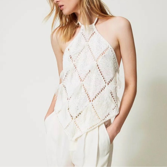 Twin-Set Tops - Twin-Set White Crochet Halter Top diamond feather knit indah andi bagus designer